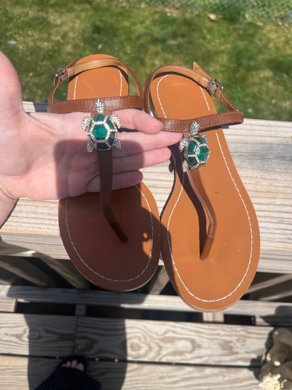 ANTONIO MELANI Brown Leather T-Strap Sandals with Green Jewel Turtle Accents